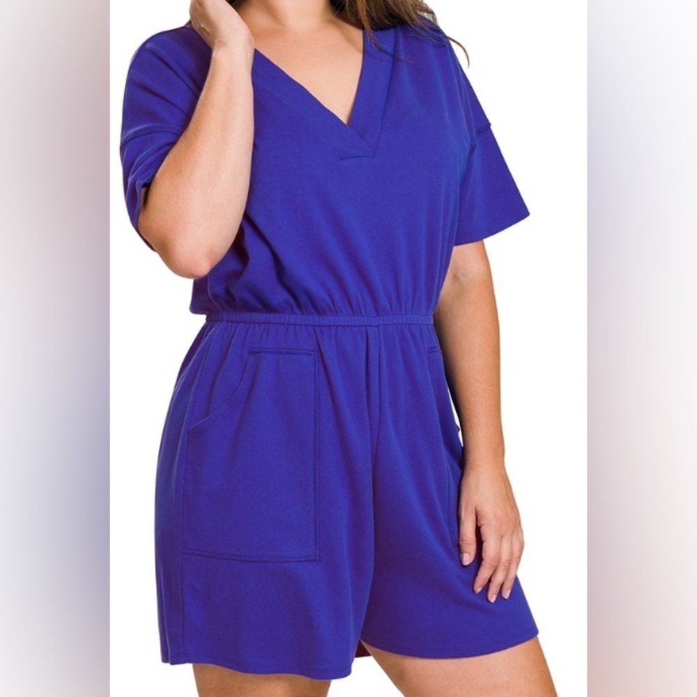 Zenana Drop Shoulder V-neck Romper with Pockets